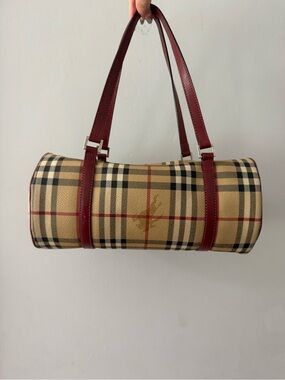 Burberry Beige Nova Check Barrel Shoulder Bag with Burgundy Trim